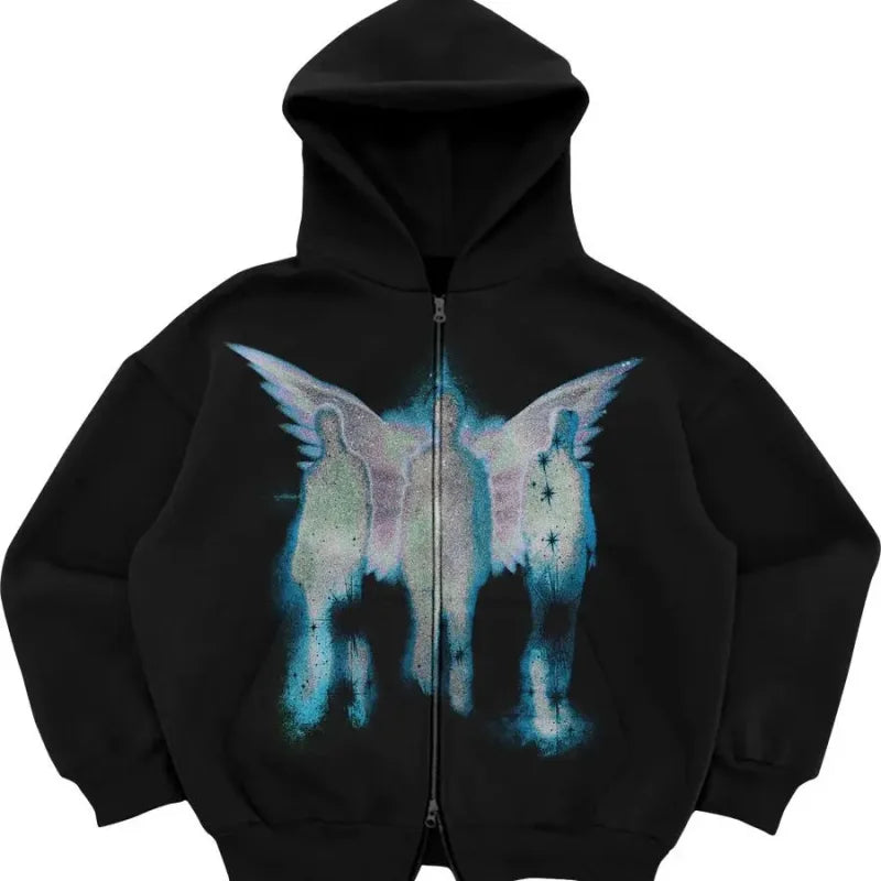 Black zip-up Shadow Face Gothic vintage hoodie featuring winged figures for dark streetwear