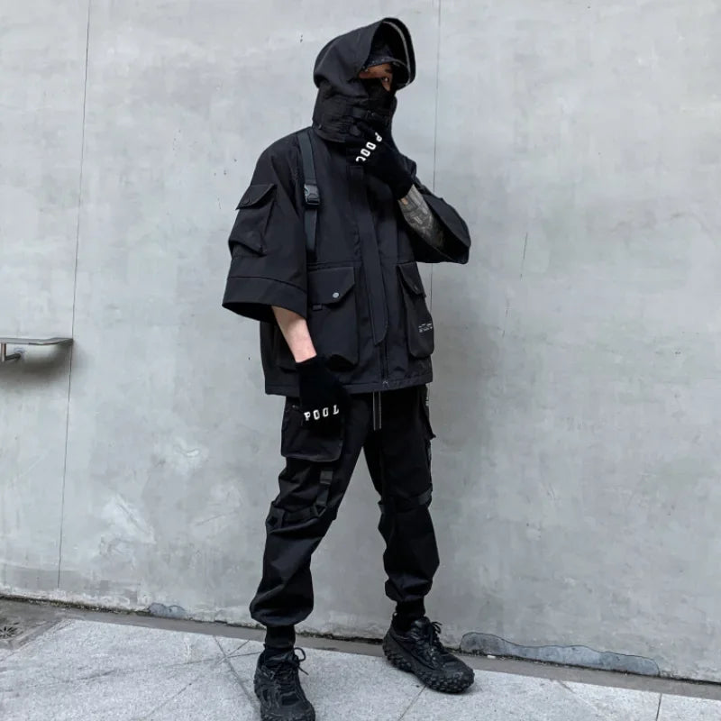 Black techwear outfit featuring Shadow Weave Techwear Hooded Cargo Jacket for urban style