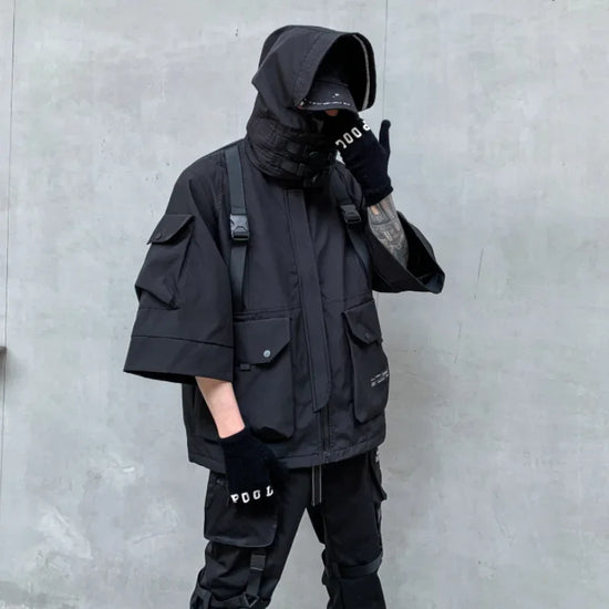 Black hooded techwear jacket showcasing Shadow Weave Techwear urban style and functionality