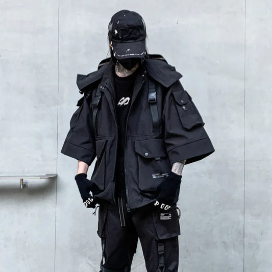 Black shadow weave techwear hooded cargo jacket in an urban future style