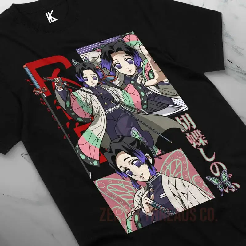 Black t-shirt featuring anime-style artwork of characters from Demon Slayer.