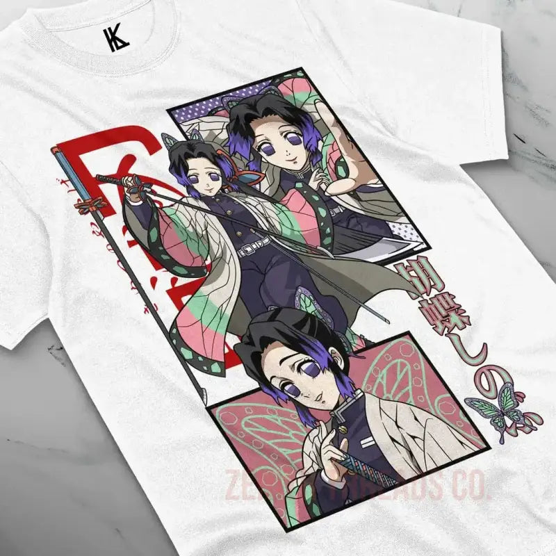 White t-shirt featuring anime-style artwork of three characters in traditional Japanese-inspired clothing with purple and pink accents.