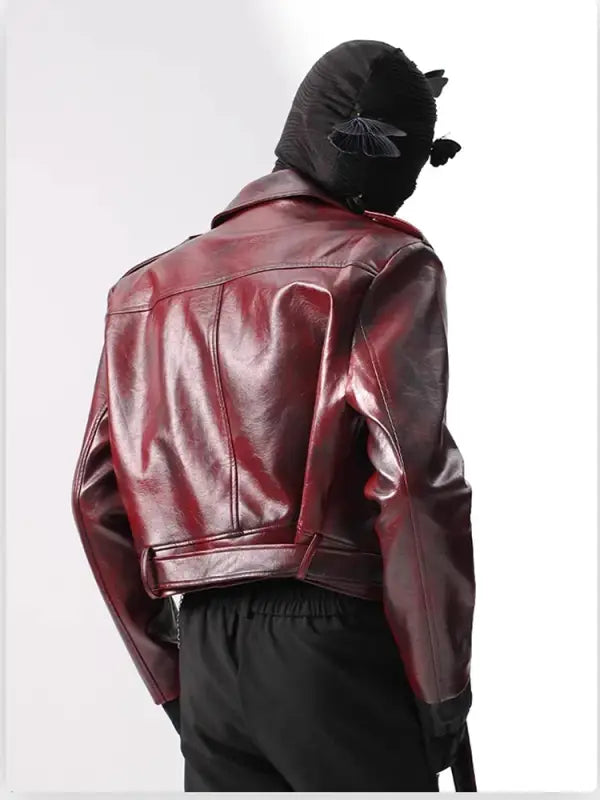 Burgundy leather jacket shown from behind.