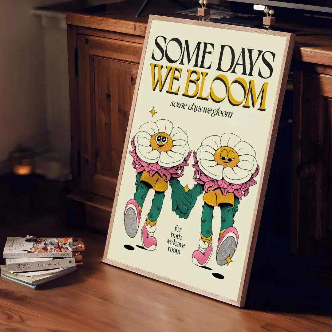 Some Days we Bloom – Playful Daisy Poster (unframed Canvas) | Cream / Yellow / Pink / Green / 50x70cm Unframed