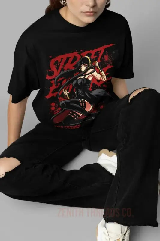 Black t-shirt featuring a red and white ninja-style character design.