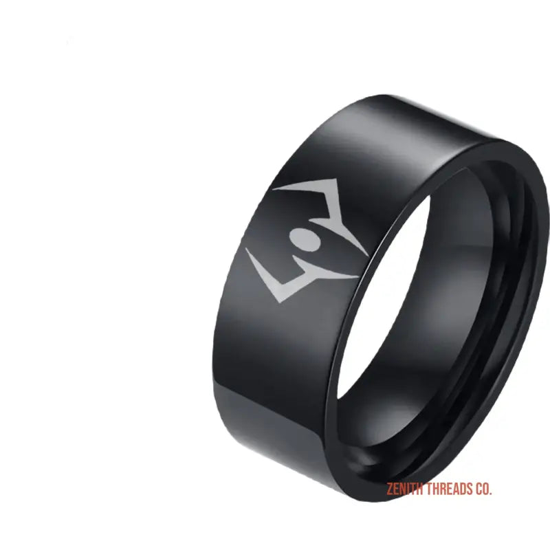 Black metal ring with an engraved geometric symbol.