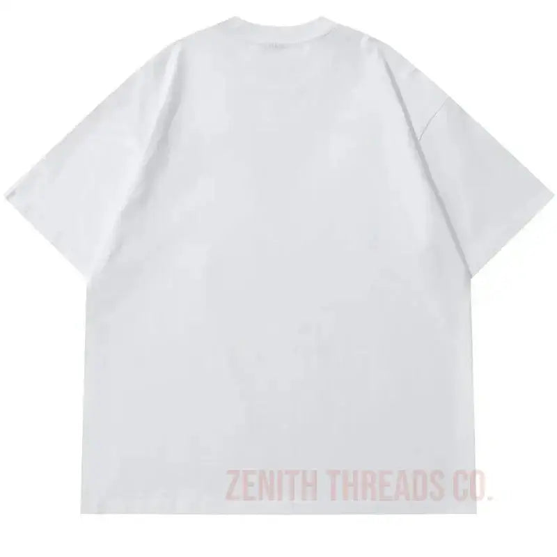 Plain white t-shirt with ’ZENITH THREADS CO.’ text at the bottom.