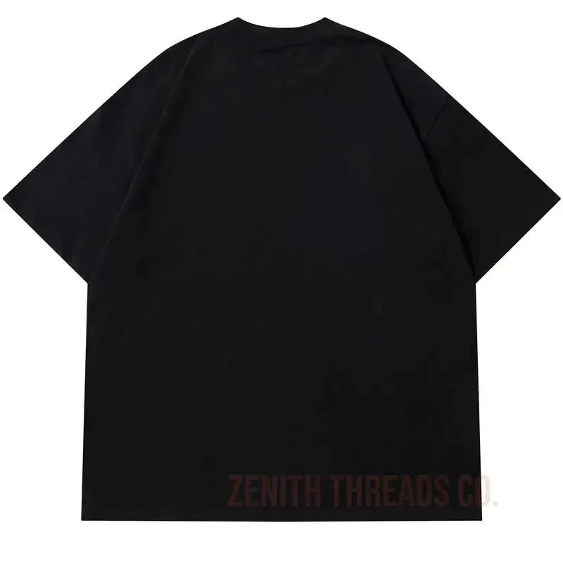 Plain black t-shirt with text at the bottom.