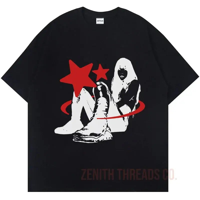 Black t-shirt featuring a red star and white silhouette graphic design.