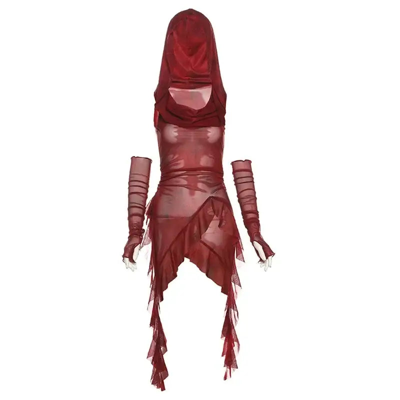 Grunge Mesh Hoodie – Irregular Hem in Crimson Red | s | Streetwear