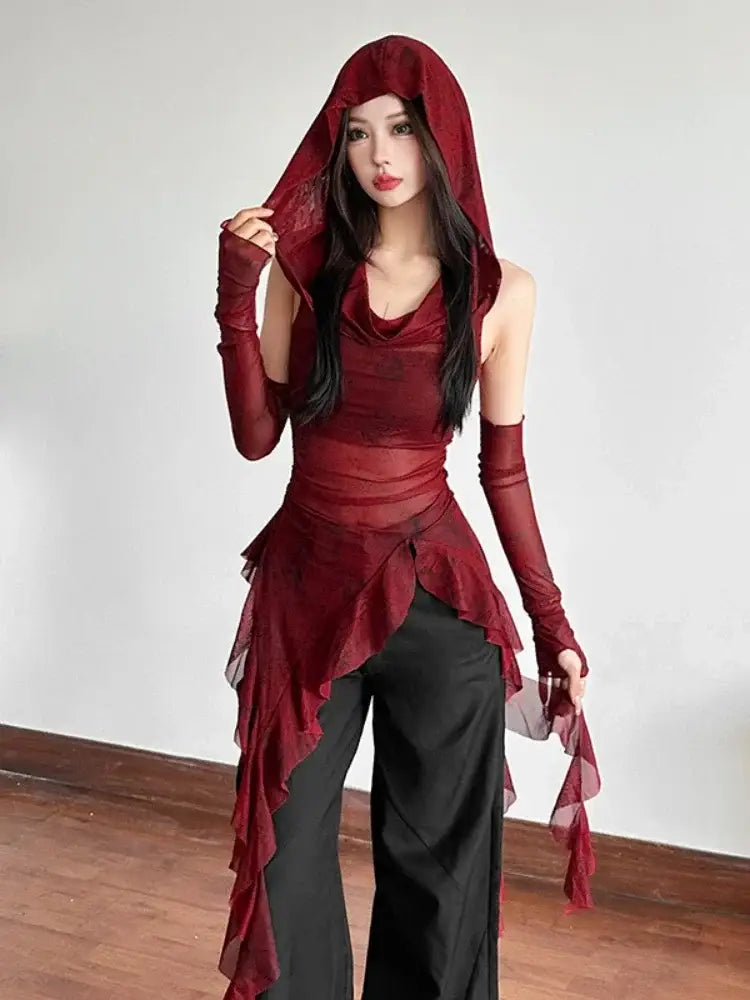 Grunge Mesh Hoodie – Irregular Hem in Crimson Red | Streetwear
