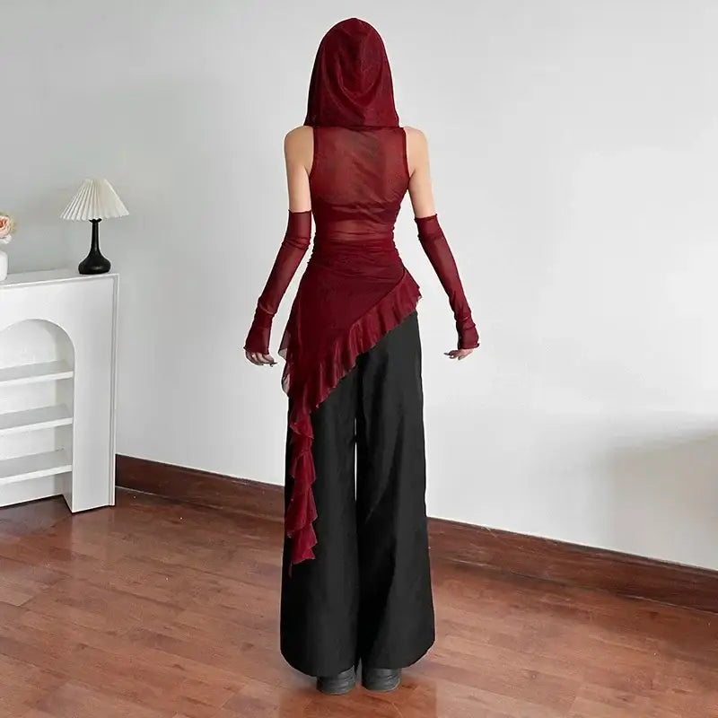 Grunge Mesh Hoodie – Irregular Hem in Crimson Red | Streetwear