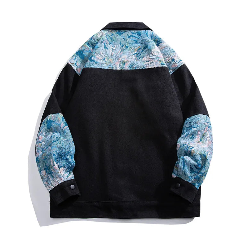 Black jacket with floral accents in Anime-inspired streetwear style for casual fashion