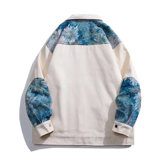 White anime-inspired streetwear jacket with floral sleeves and yoke style embroidery