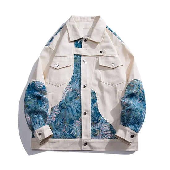 Floral-patterned white jacket in anime-inspired streetwear style for unique fashion