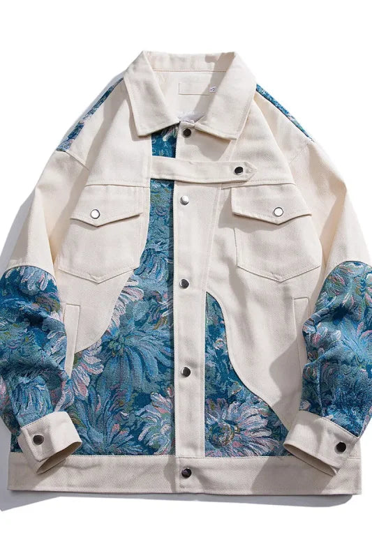 Anime-inspired streetwear floral embroidered jacket in stylish floral-patterned denim