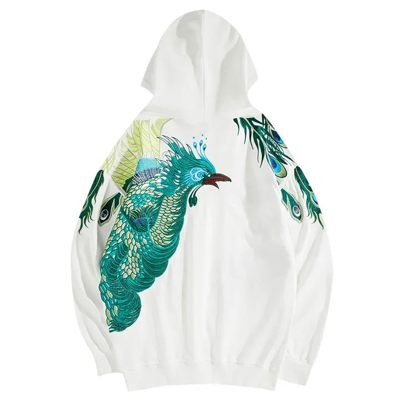 White hoodie featuring an embroidered peacock, ideal for anime and Japanese streetwear fans