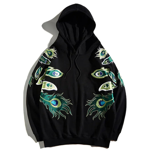 Black hoodie featuring peacock feather designs for Japanese streetwear and anime lovers