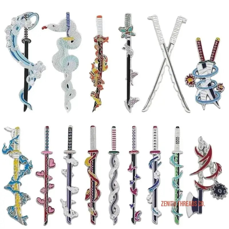 Collection of decorative katana swords with various colorful dragons and serpents wrapped around their blades.