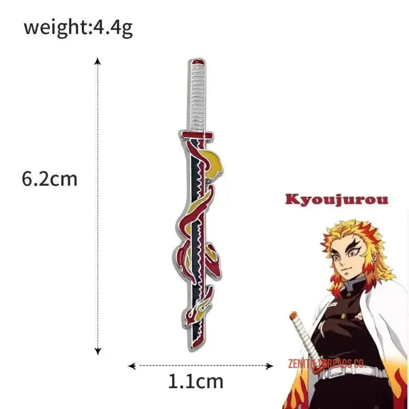 Decorative sword-shaped pin with a spiral red and black design.