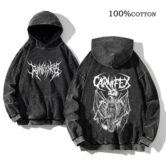 Two black hoodies with white band logos for anime and Japanese streetwear enthusiasts