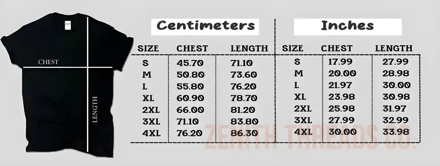 Black t-shirt with measurement specifications shown for different sizes in both centimeters and inches.