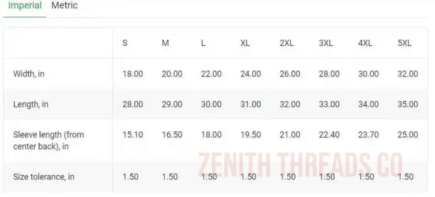 Size chart showing measurements for width, length, and sleeve length across different garment sizes from S to 5XL.