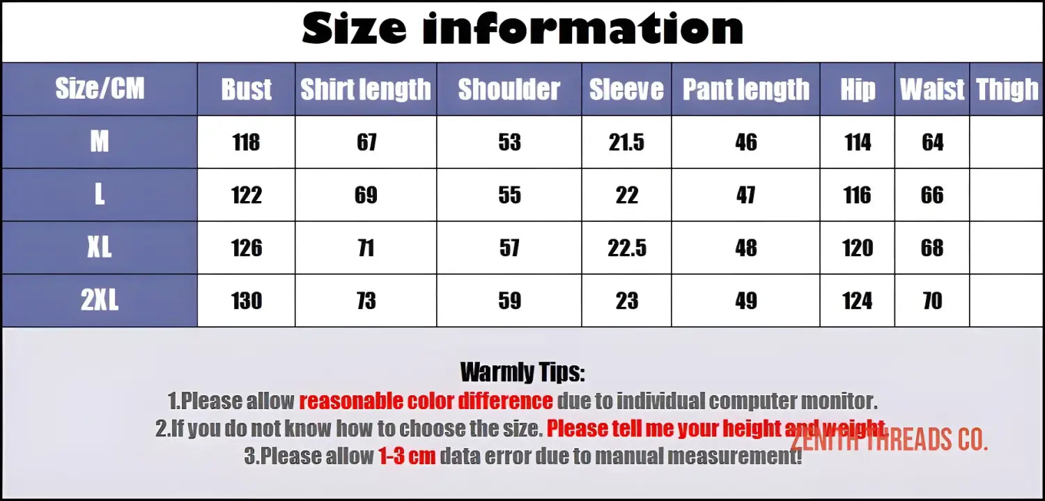 Size chart showing measurements for clothing in centimeters across different sizes from M to 2XL.