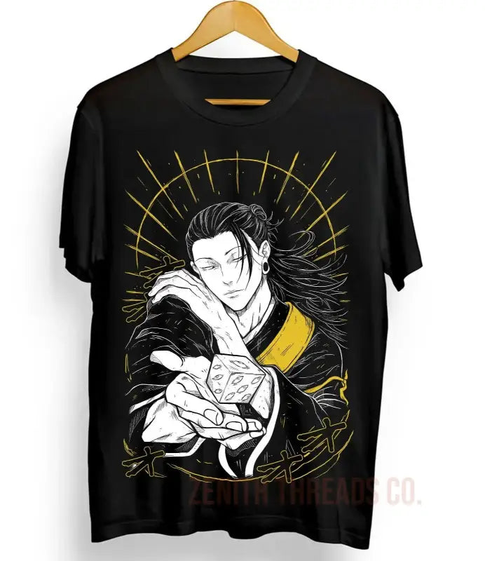 Black t-shirt featuring an anime-style illustration of a character in traditional Japanese clothing holding cards with yellow accent lines radiating outward.