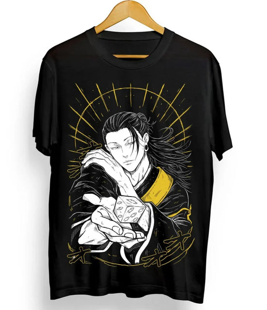 Black Suguru Geto Jujutsu Kaisen anime graphic tee featuring vibrant character design