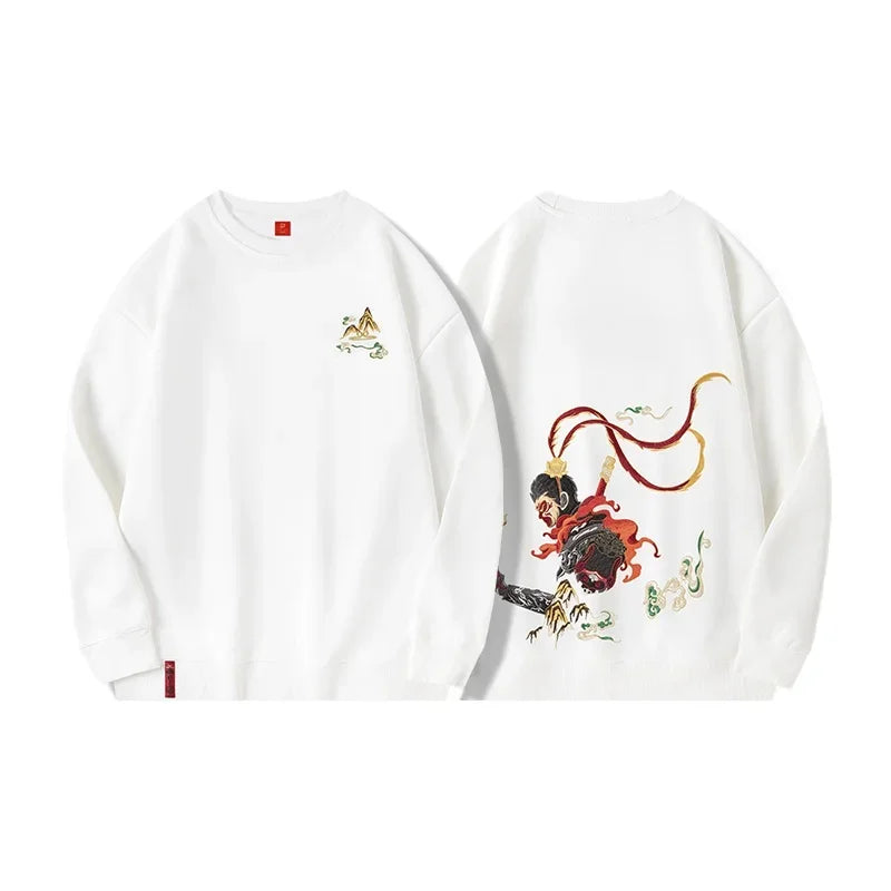 Two white sweatshirts featuring Sun Wukong embroidered designs from Chinese mythology