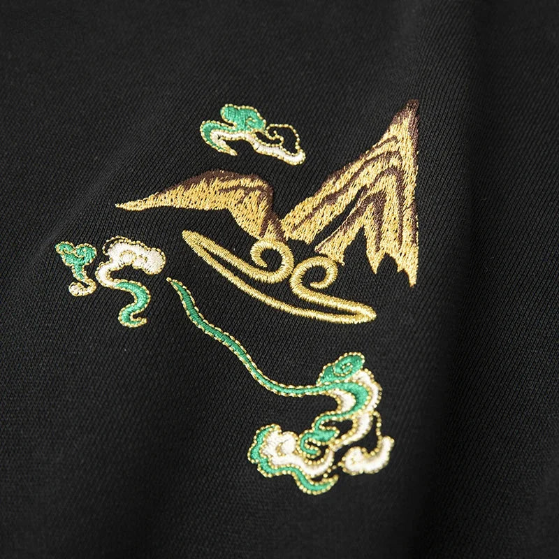 Embroidered mountain and cloud design on Sun Wukong Sweatshirt inspired by Chinese mythology