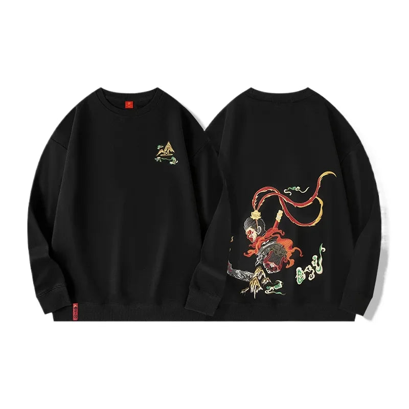 Black sweatshirt featuring a colorful graphic of Sun Wukong from Chinese mythology