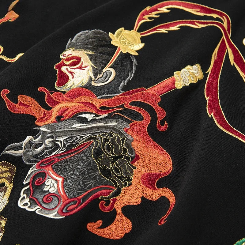 Embroidered Monkey King design on Sun Wukong Sweatshirt inspired by Chinese mythology