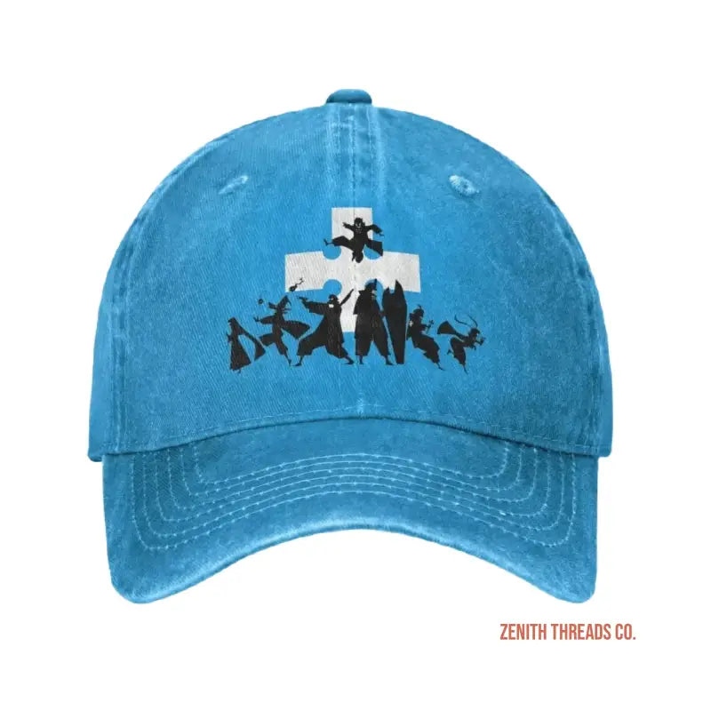 Light blue baseball cap with a silhouetted group design and puzzle piece logo.