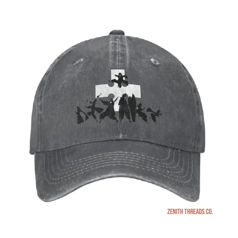 Gray baseball cap with a black and white cross design on the front.