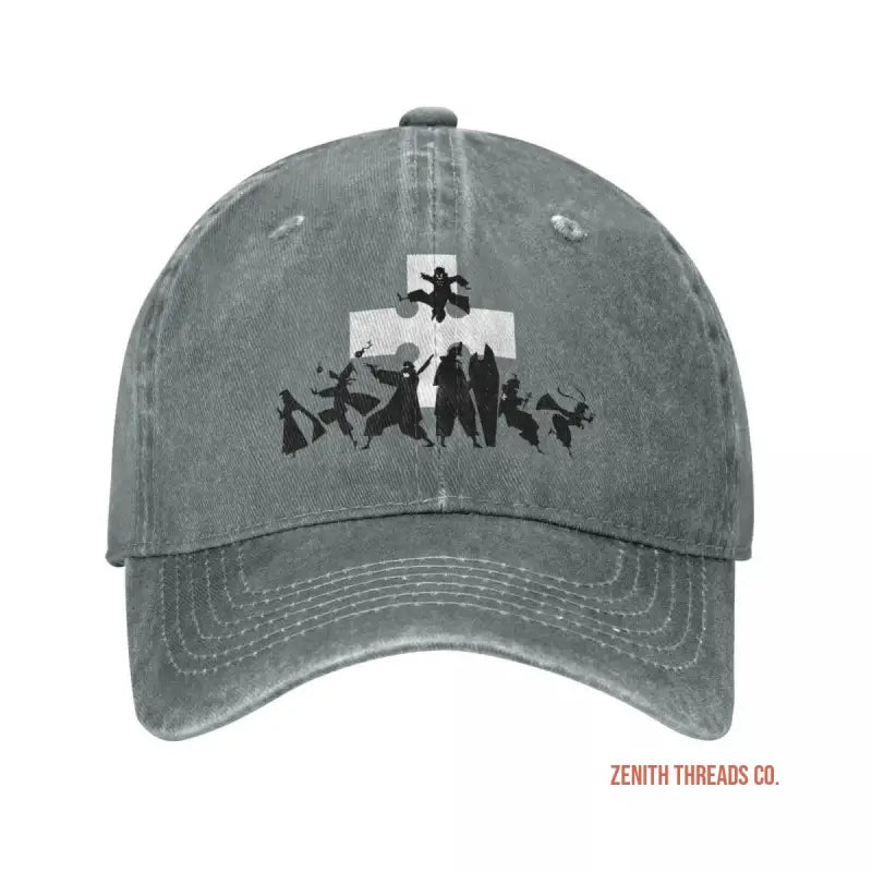 Gray baseball cap with a silhouetted design showing people beneath a cross.