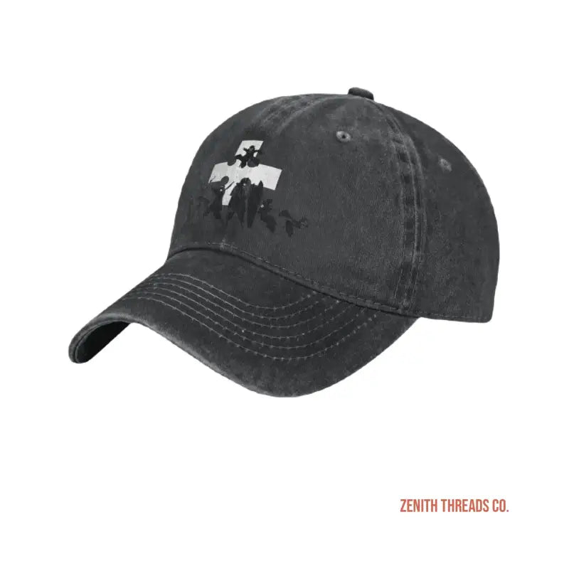 Black baseball cap with a white horse rider logo.