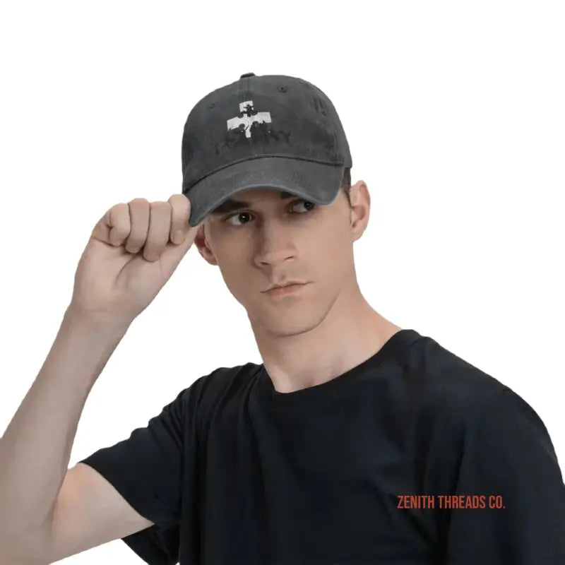 Black baseball cap with a small white logo embroidered on the front.