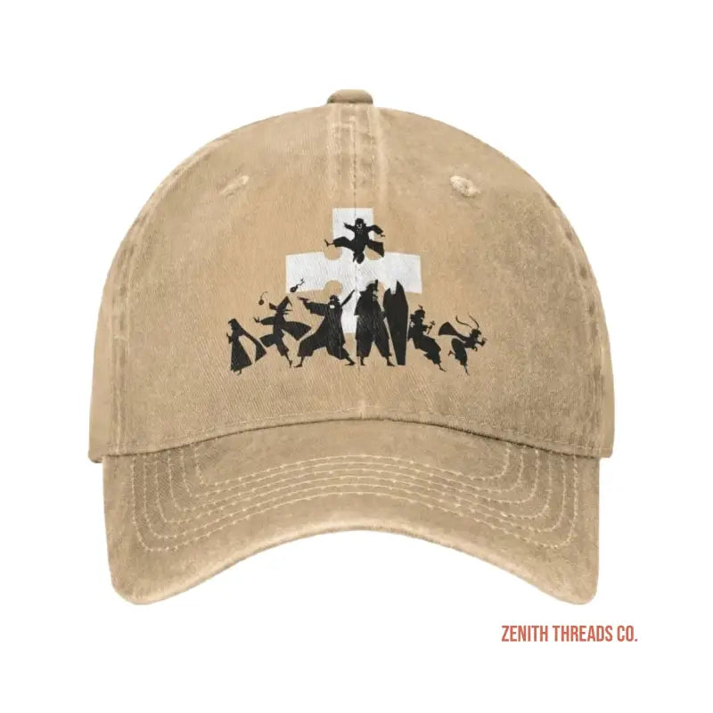 Tan baseball cap with black silhouette figures and puzzle piece design on the front.