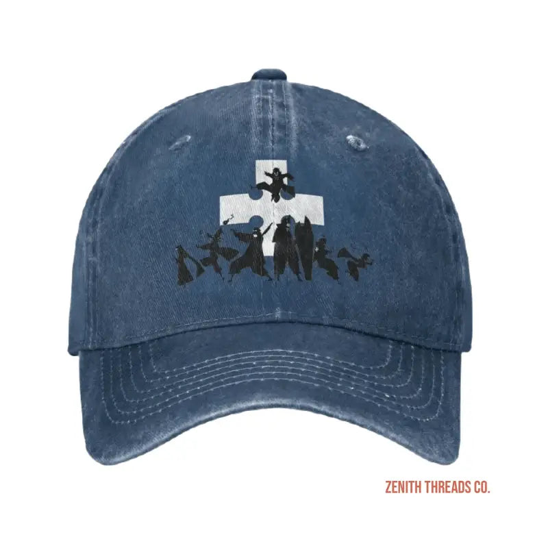 Navy blue baseball cap with a white cross and black silhouette design.