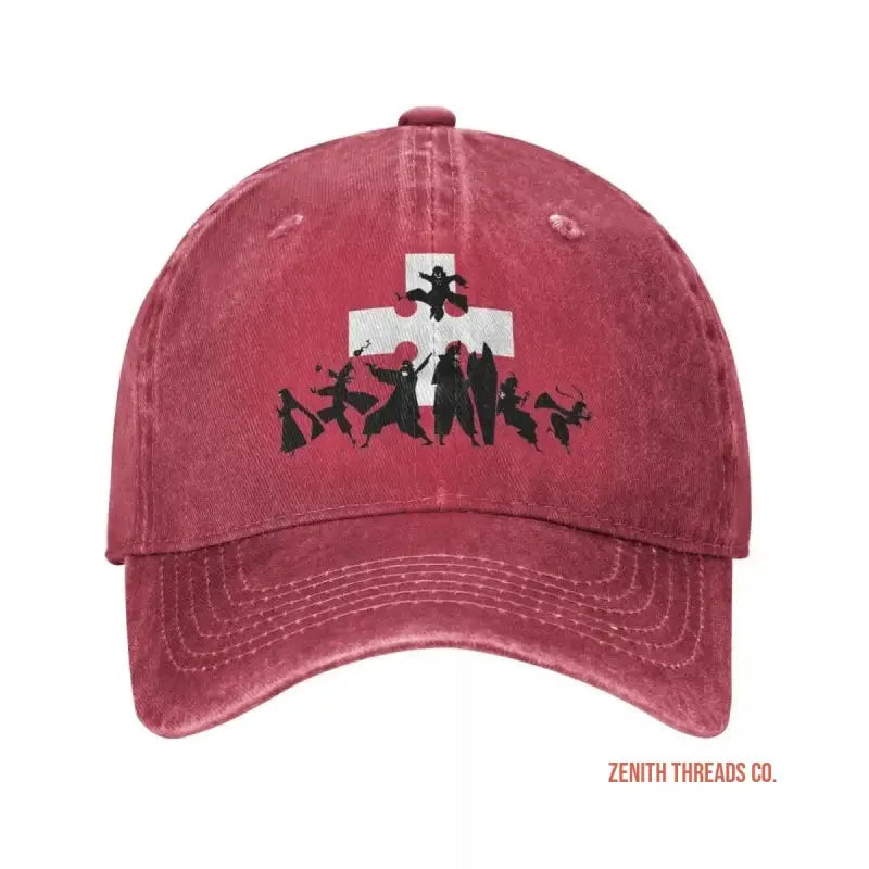 Red baseball cap with a black and white cross design and silhouettes.