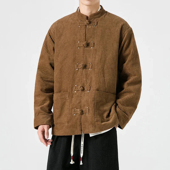 Brown corduroy mandarin collar jacket in stylish anime-inspired design for autumn layering