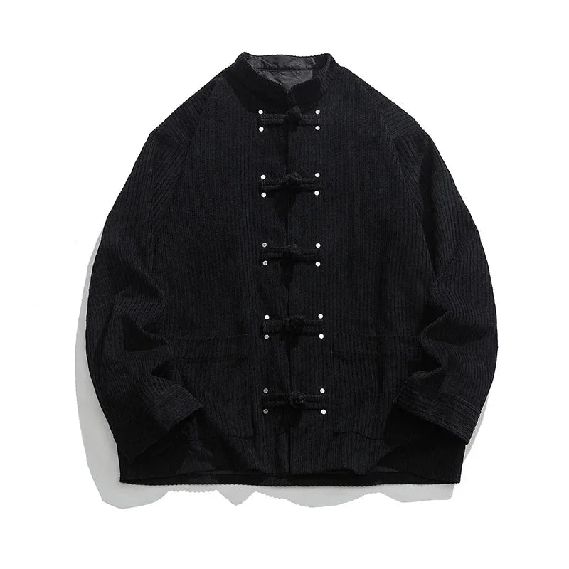 Black corduroy frog button jacket in stylish anime-inspired tang style for autumn layering