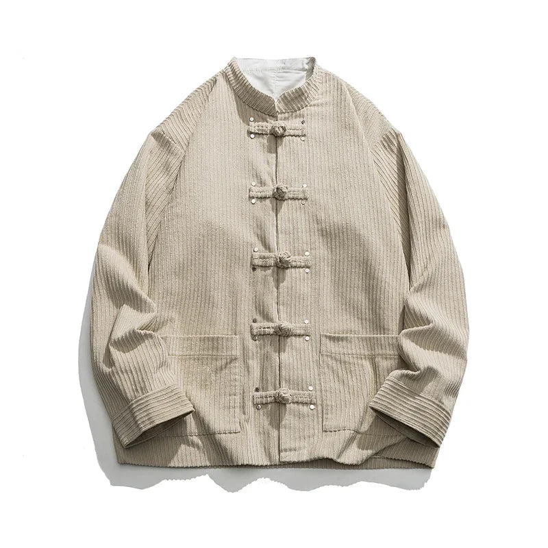 Beige corduroy mandarin-collar jacket in stylish anime-inspired autumn layering type