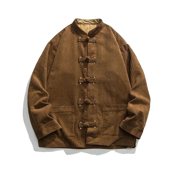 Brown corduroy Chinese-style jacket, a stylish anime-inspired layering piece for autumn