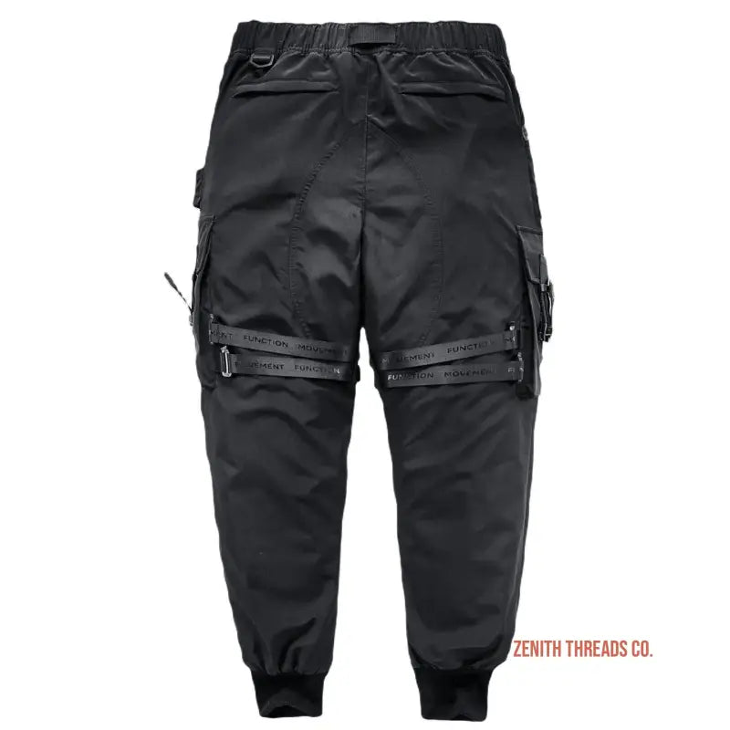 Black cargo jogger pants with zippered thigh pockets and elastic cuffs.