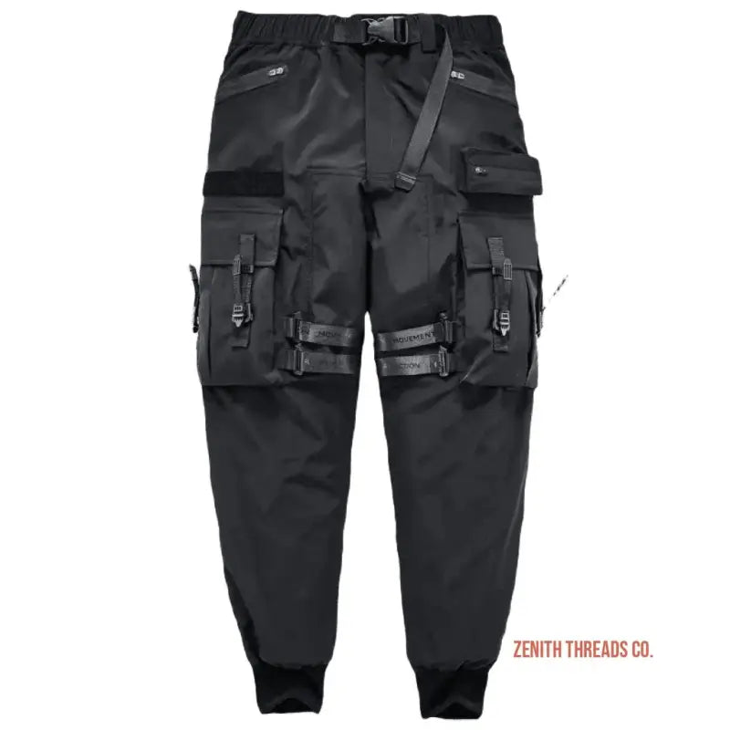 Black tactical cargo pants with multiple pockets and straps.