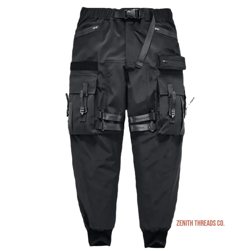 Black tactical cargo pants with multiple pockets and straps.