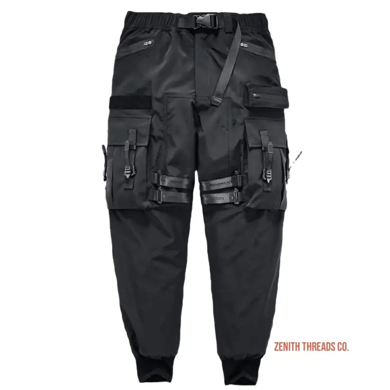 Black tactical cargo pants with multiple utility pockets and straps.